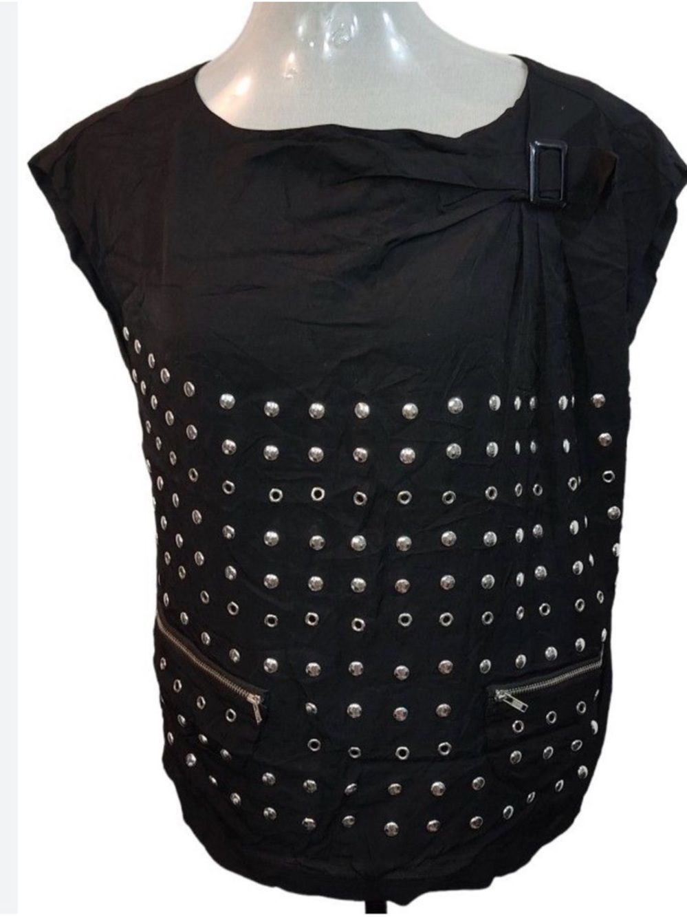 See By Chloe Black Short Sleeve Studded Tunic with Buckle Size 6